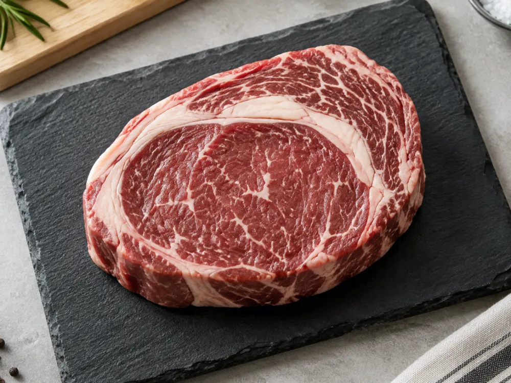Surowy stek rib eye z bliska: oko tłuszczu, czapka i siatka marmurku
