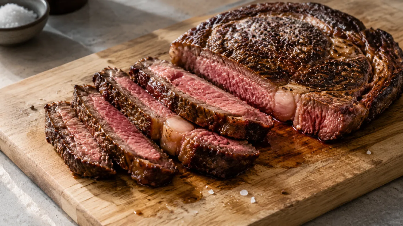 Usmażony stek rib eye pokrojony w paski: ciemna skórka, różowy środek i oko tłuszczu