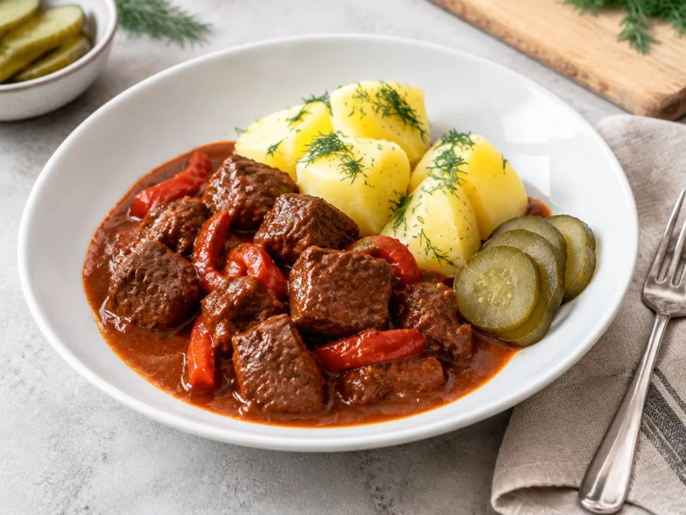 Porcja gulaszu wołowego z ziemniakami z koperkiem i ogórkiem kiszonym na białym talerzu
