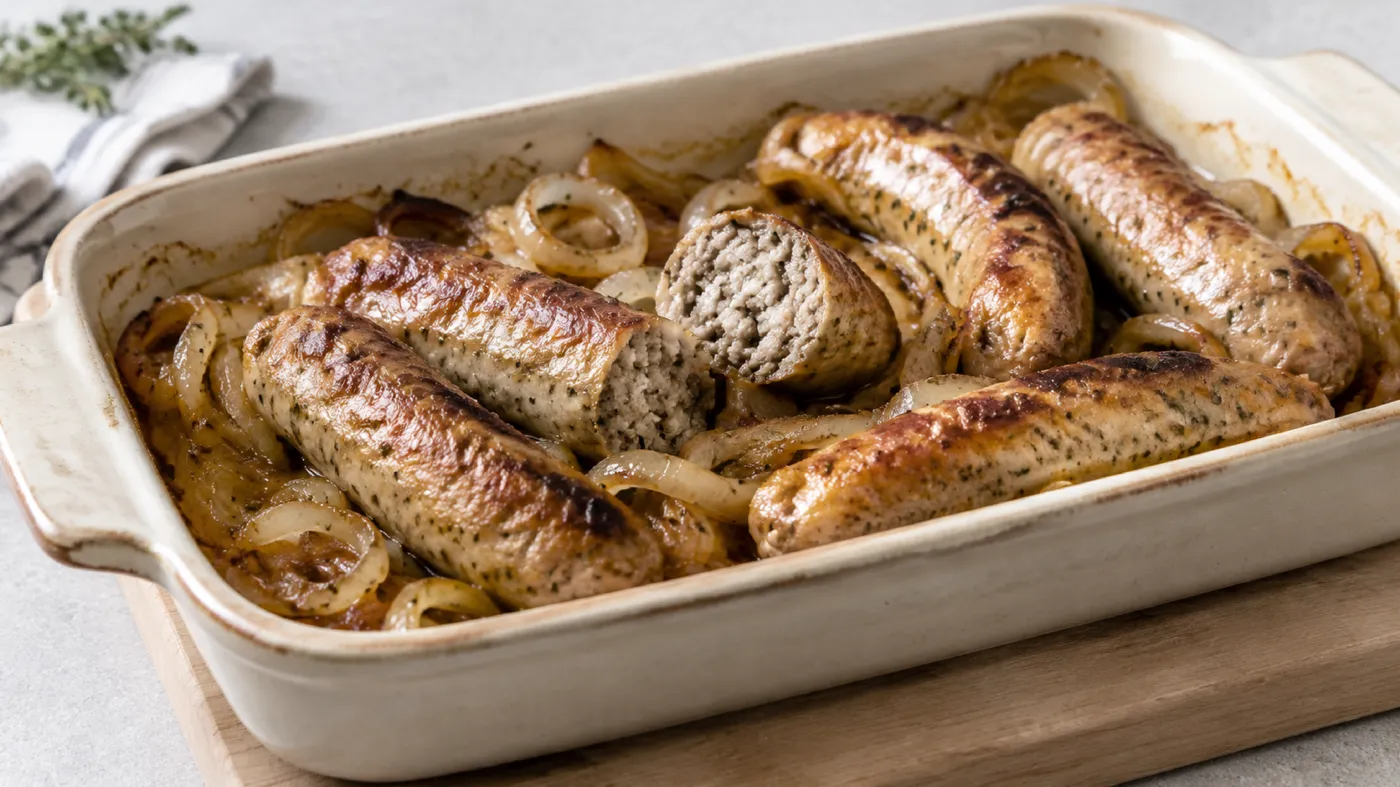 Biała kiełbasa pieczona z cebulą w naczyniu żaroodpornym, zrumienione kawałki, dwa przekrojone: upieczony, szary, mielony farsz bez różowego środka