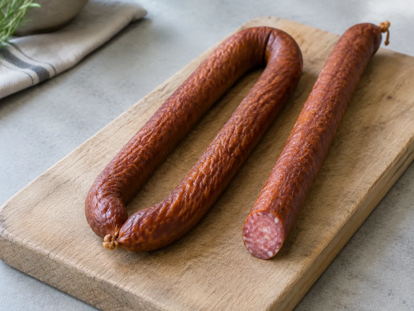 Kiełbasa żywiecka na drewnianej desce: jedna laska zgięta w pętlę i jedna prosta z odciętym końcem, skórka czerwono-brązowa, pomarszczona od podsuszenia