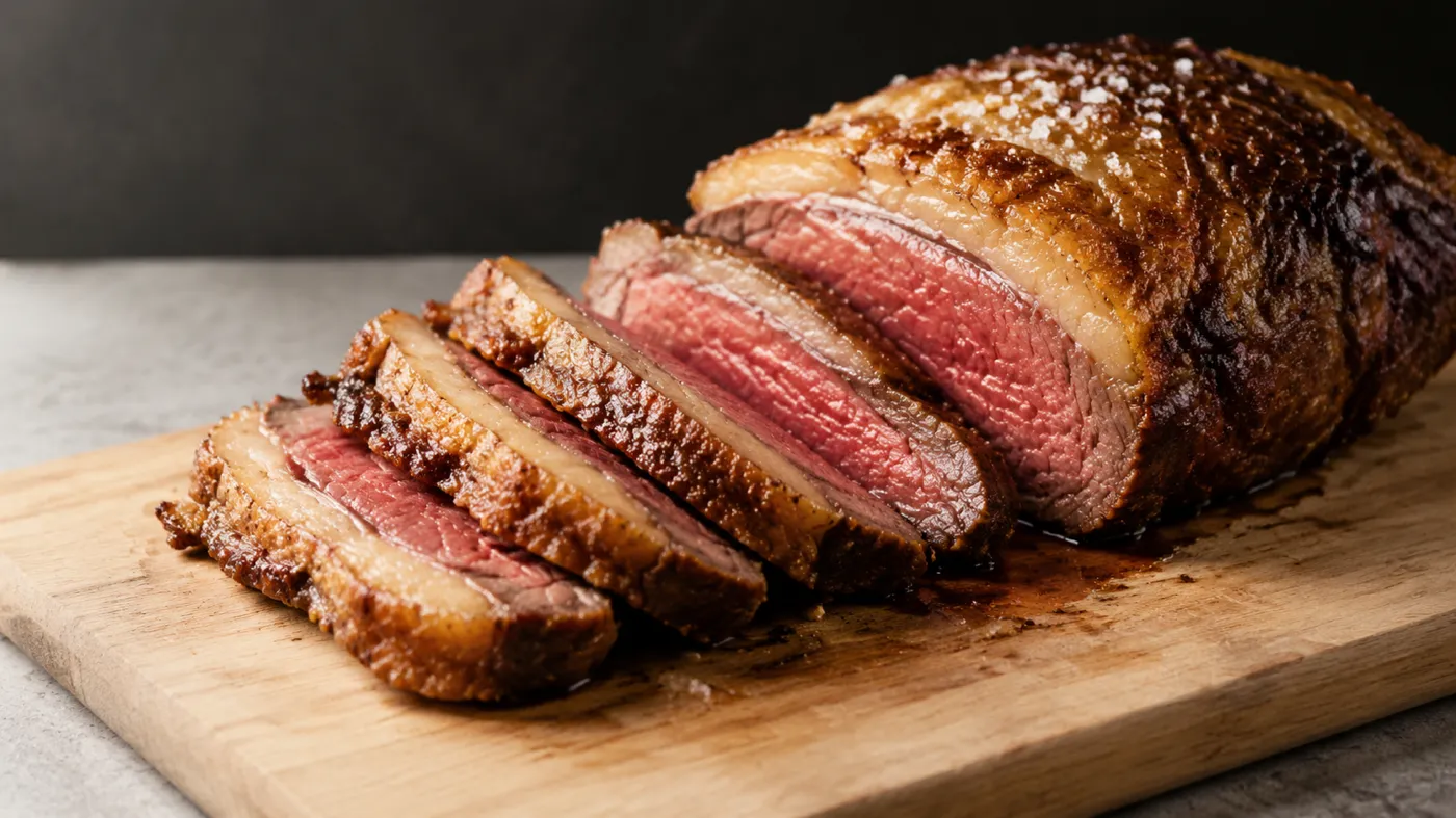 Picanha z grilla pokrojona w grube plastry, różowa w środku, z przypieczoną warstwą tłuszczu