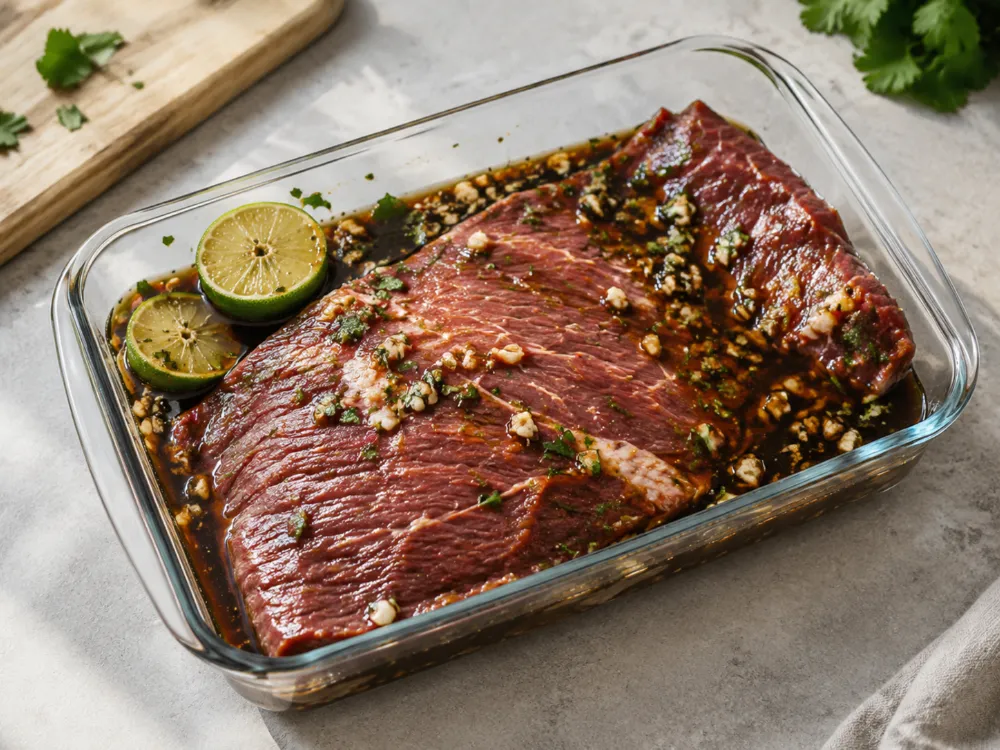Flank steak w marynacie z sosem sojowym, czosnkiem, kolendrą i limonką