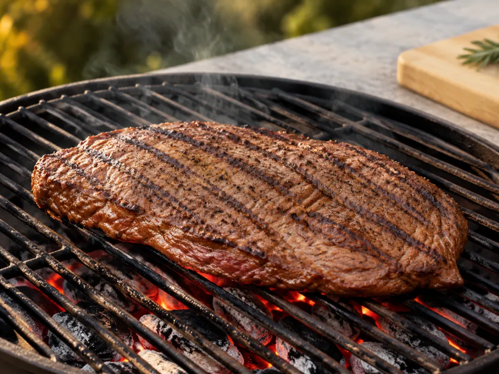 Flank steak z ciemnymi paskami z rusztu na grillu nad żarem węgla drzewnego