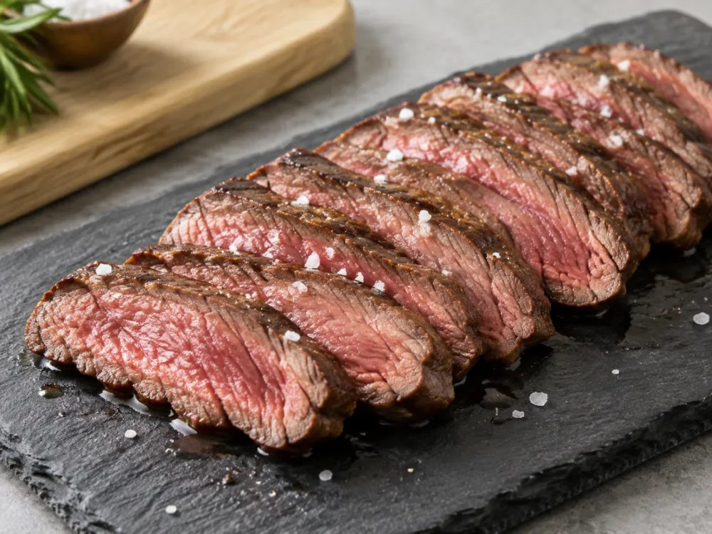 Plastry grillowanego flank steaku pokrojone w poprzek włókien, posypane solą płatkową