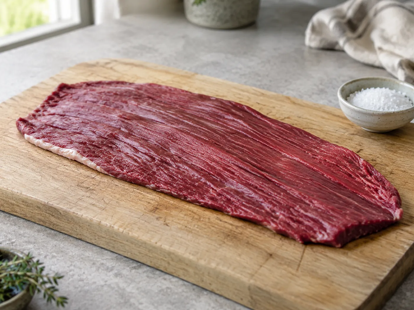 Surowy flank steak z łaty wołowej z wyraźnymi, długimi włóknami na drewnianej desce