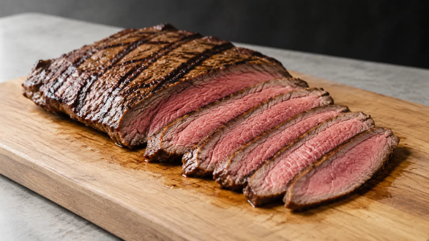 Grillowany flank steak pokrojony cienko w poprzek włókien, różowy w środku