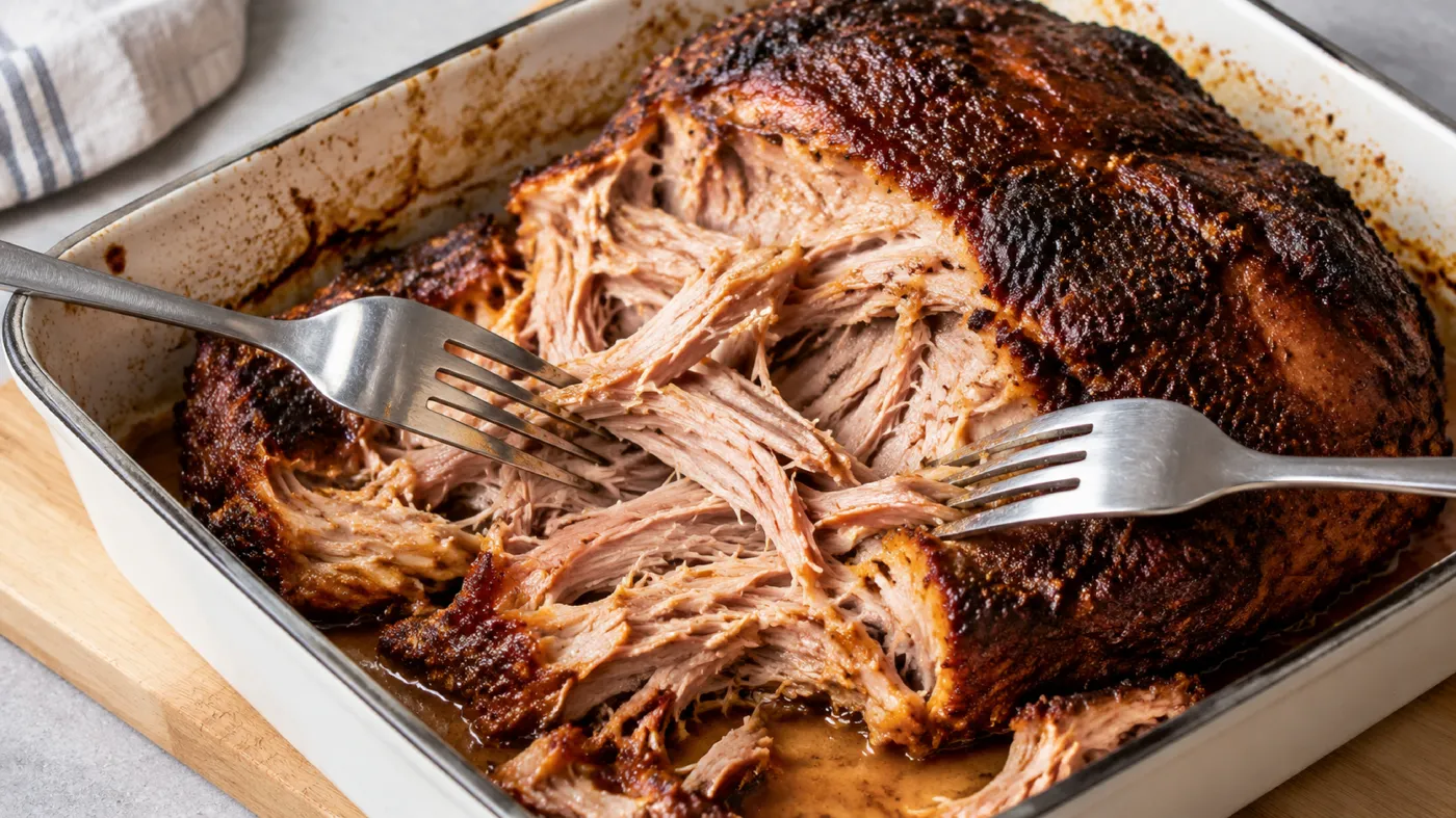 Pulled pork z łopatki wieprzowej rozrywany widelcami