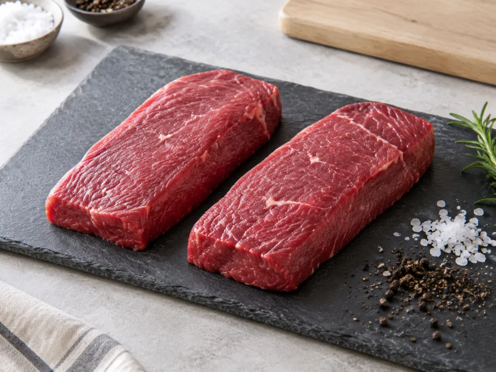 Dwa surowe steki flat iron z delikatnym marmurkiem