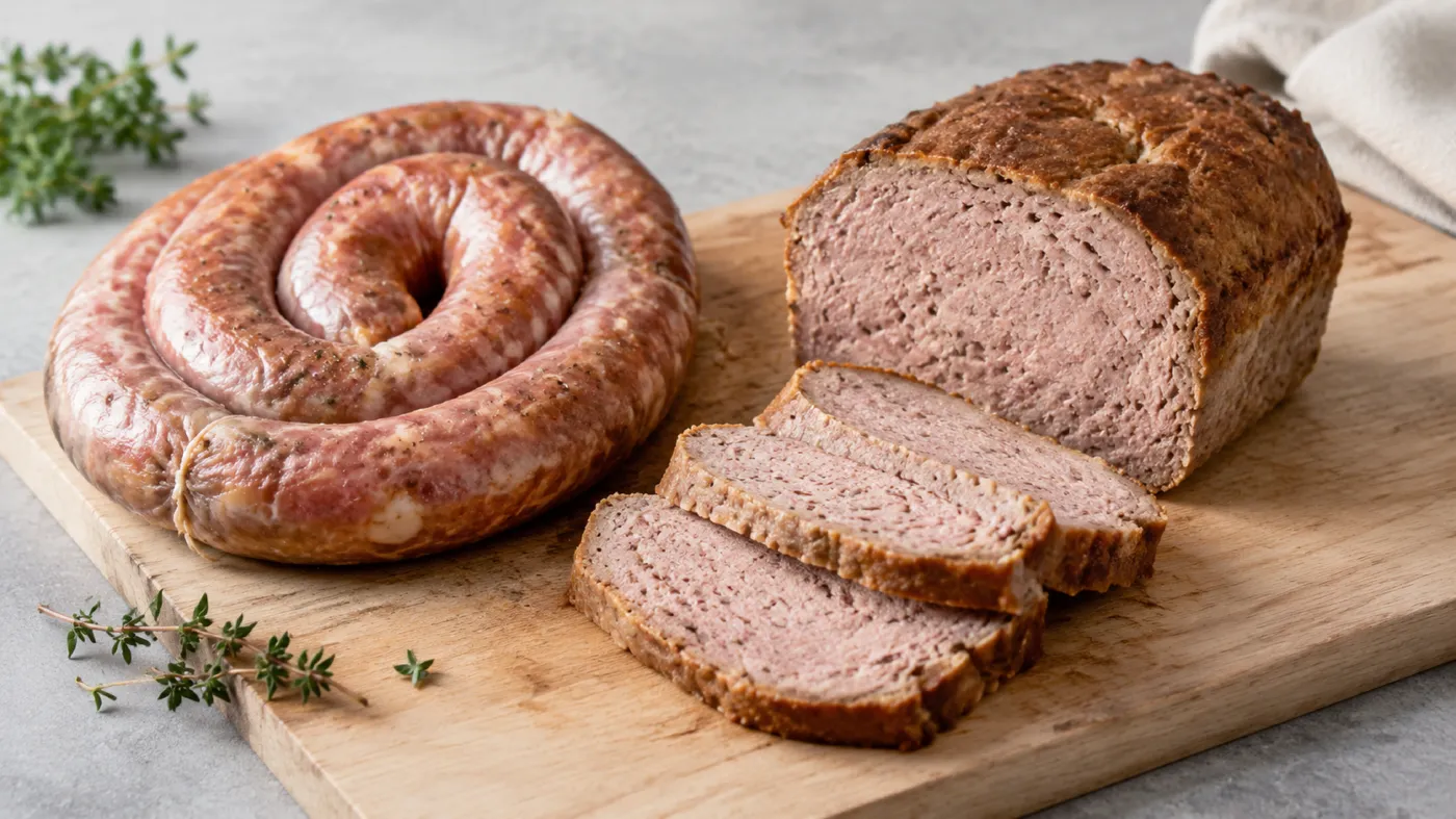 Domowa kiełbasa wieprzowa zwinięta w krąg i pieczony pasztet pokrojony w plastry na desce