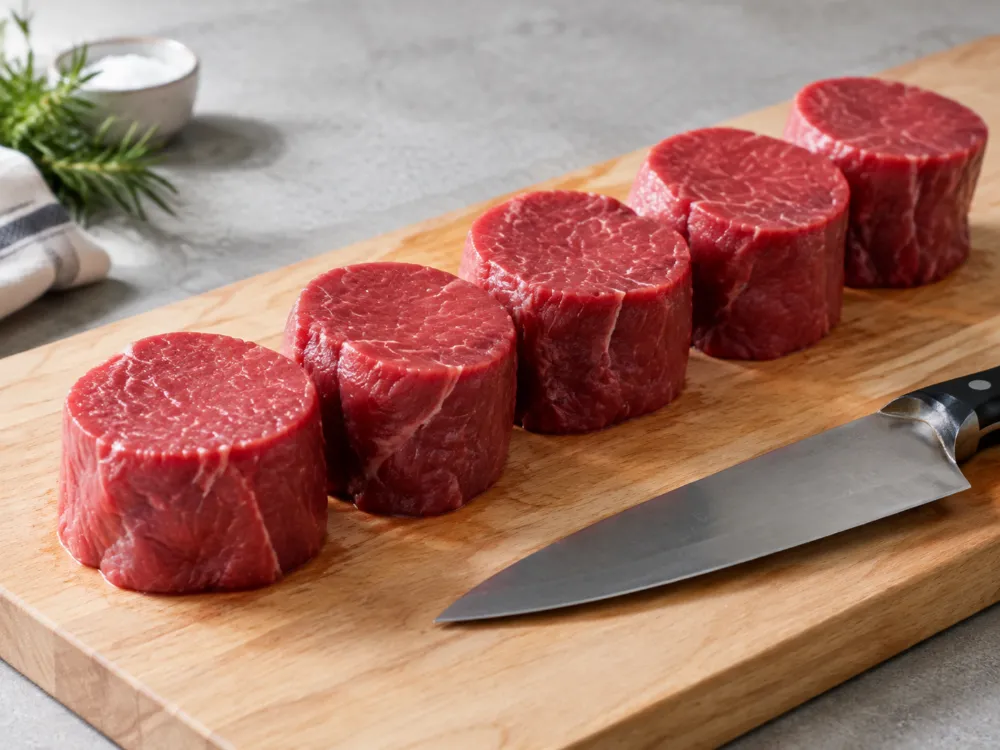 Środek polędwicy pokrojony na grube, okrągłe steki filet mignon