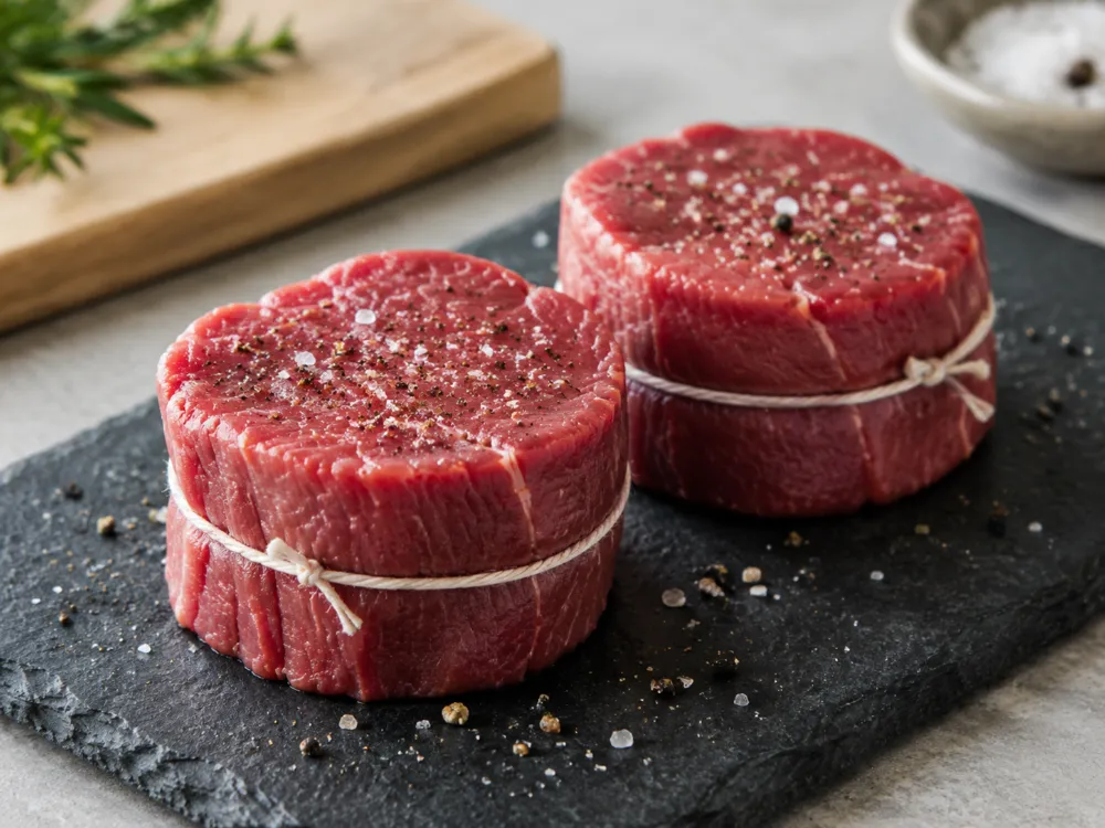 Surowe steki filet mignon obwiązane sznurkiem, z solą i pieprzem