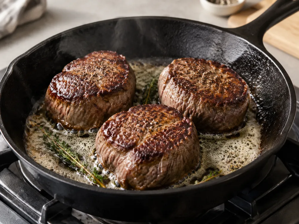 Steki filet mignon po obróceniu, smażone na żeliwnej patelni w spienionym maśle z tymiankiem