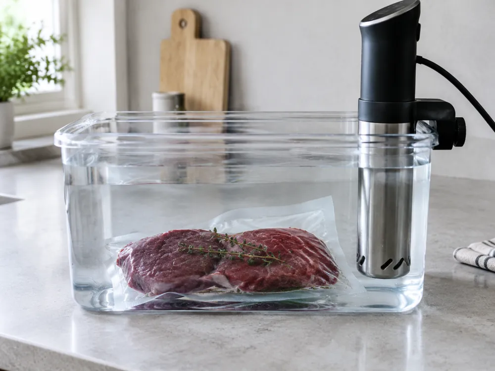 Woreczek z policzkami zanurzony w pojemniku z wodą podgrzewaną cyrkulatorem sous-vide