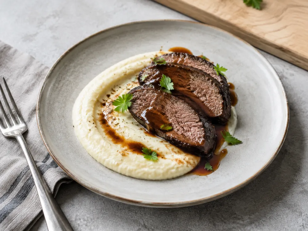 Talerz z plastrami glazurowanego policzka wołowego, puree z selera i listkami natki