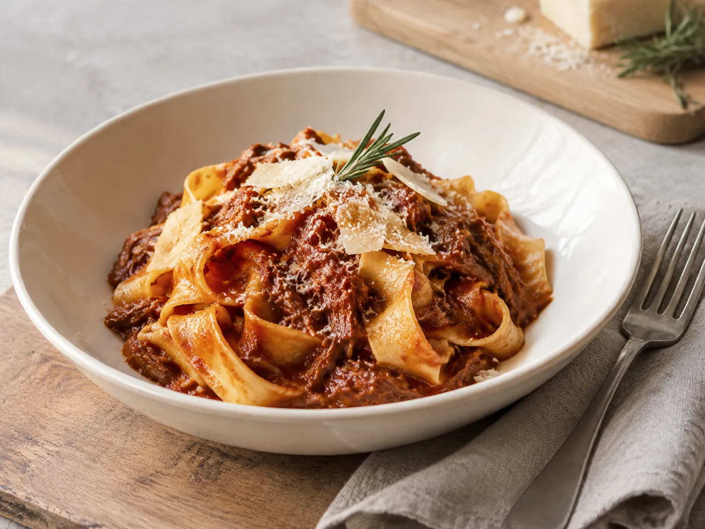 Pappardelle z ragu z rozszarpanych policzków wołowych, posypane parmezanem, w głębokim talerzu