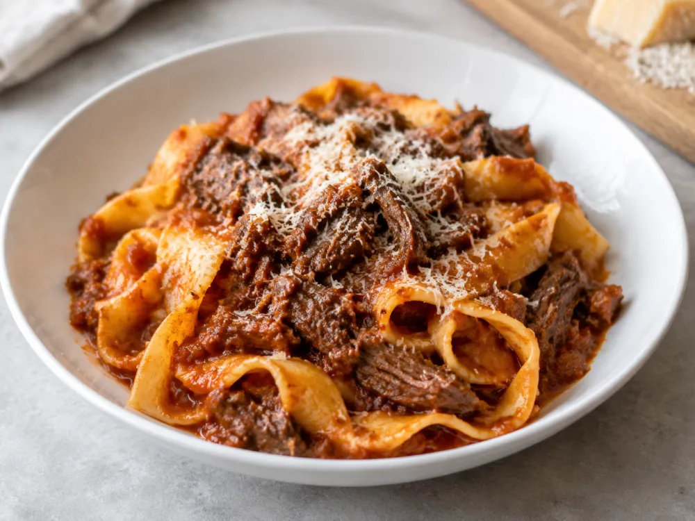 Porcja pappardelle z ragu wołowym z bliska, z widocznymi włóknami mięsa w gęstym sosie i tartym parmezanem