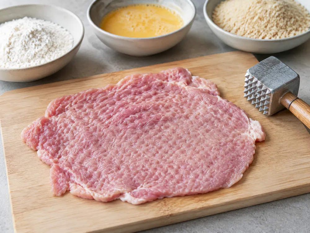 Rozbity kotlet schabowy przed panierowaniem, obok mąka, jajko i bułka tarta