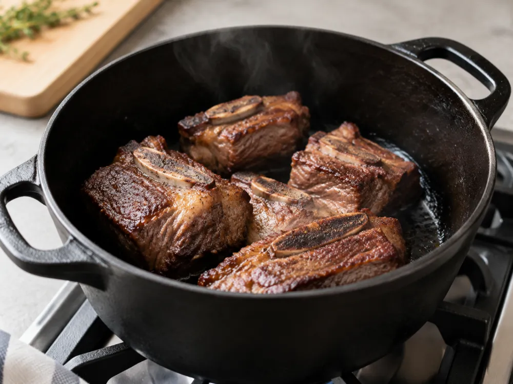 Obsmażanie short ribs w żeliwnym garnku przed duszeniem
