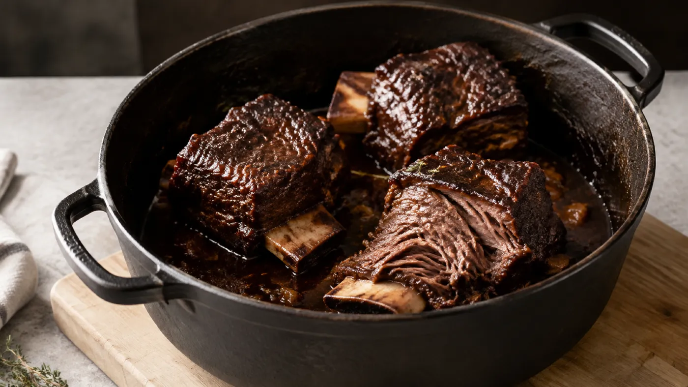 Duszone short ribs w żeliwnym garnku: ciemne, lśniące mięso odchodzi od kości