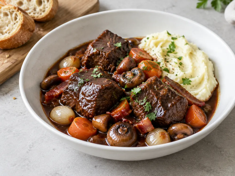 Wołowina po burgundzku w głębokim białym talerzu z puree ziemniaczanym, obok kromki bagietki