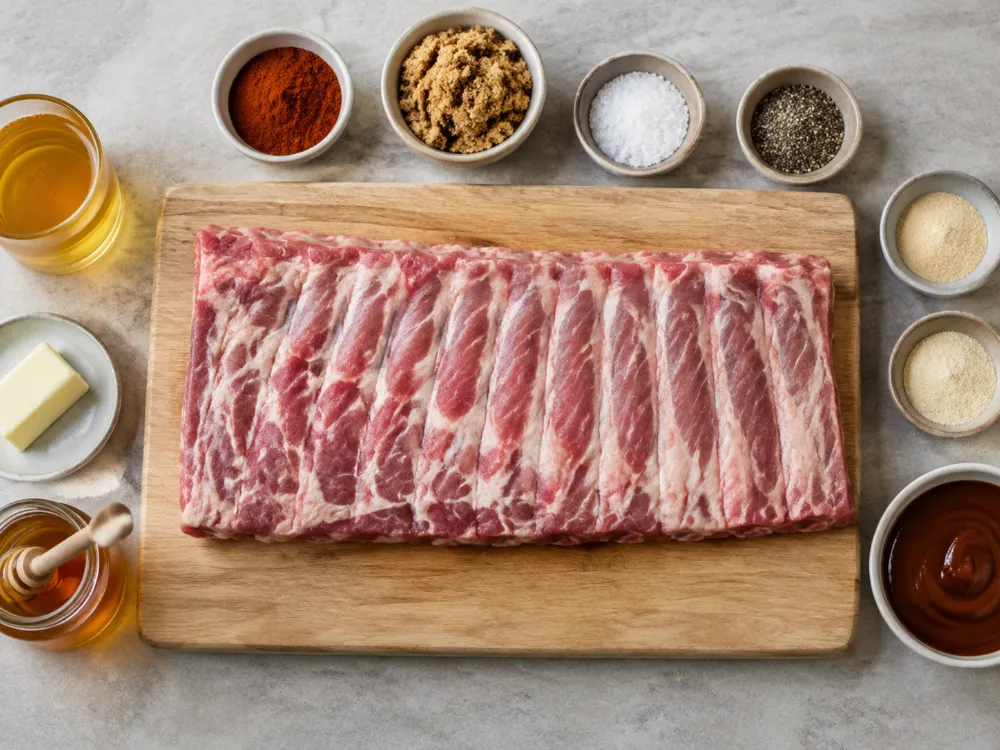 Surowy płat żeberek spare ribs z miseczkami papryki wędzonej, cukru brązowego, soli, pieprzu, czosnku i cebuli w proszku, sokiem jabłkowym, masłem, miodem i sosem BBQ